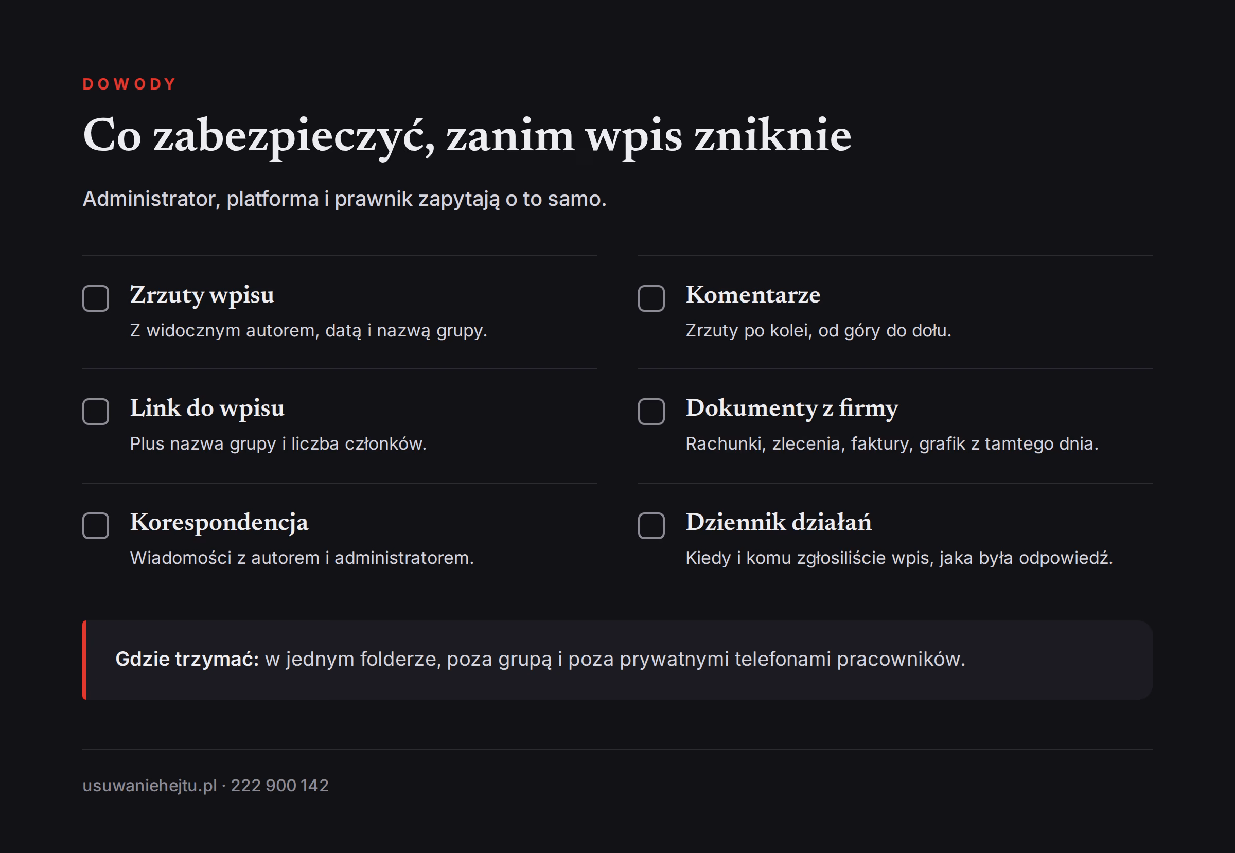 Dowody przy hejcie na firmę Lista dowodów do zabezpieczenia, gdy na Facebooku pojawiają się zarzuty wobec firmy