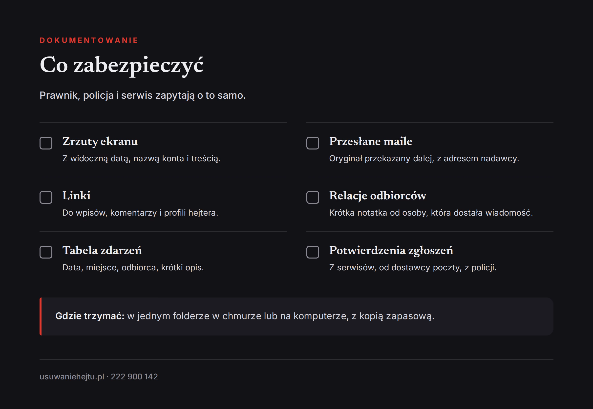 Lista dowodów do zabezpieczenia, gdy hejter pisze do pracodawcy i bliskich