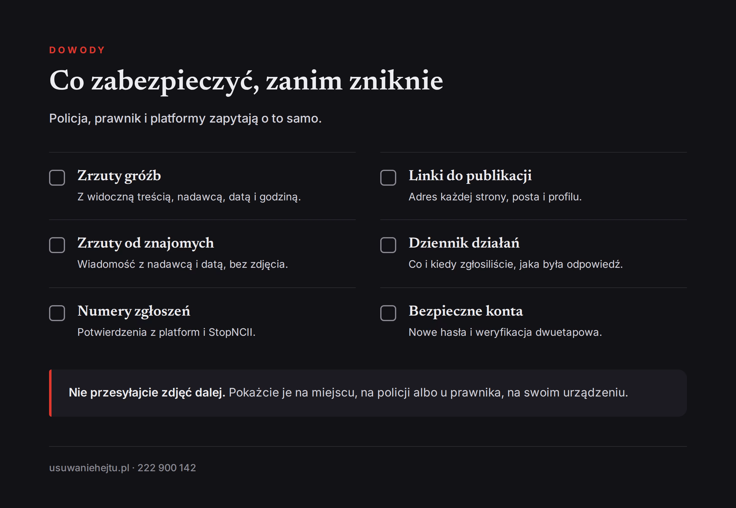 Lista dowodów do zabezpieczenia przy szantażu intymnymi zdjęciami, bez przesyłania samych zdjęć