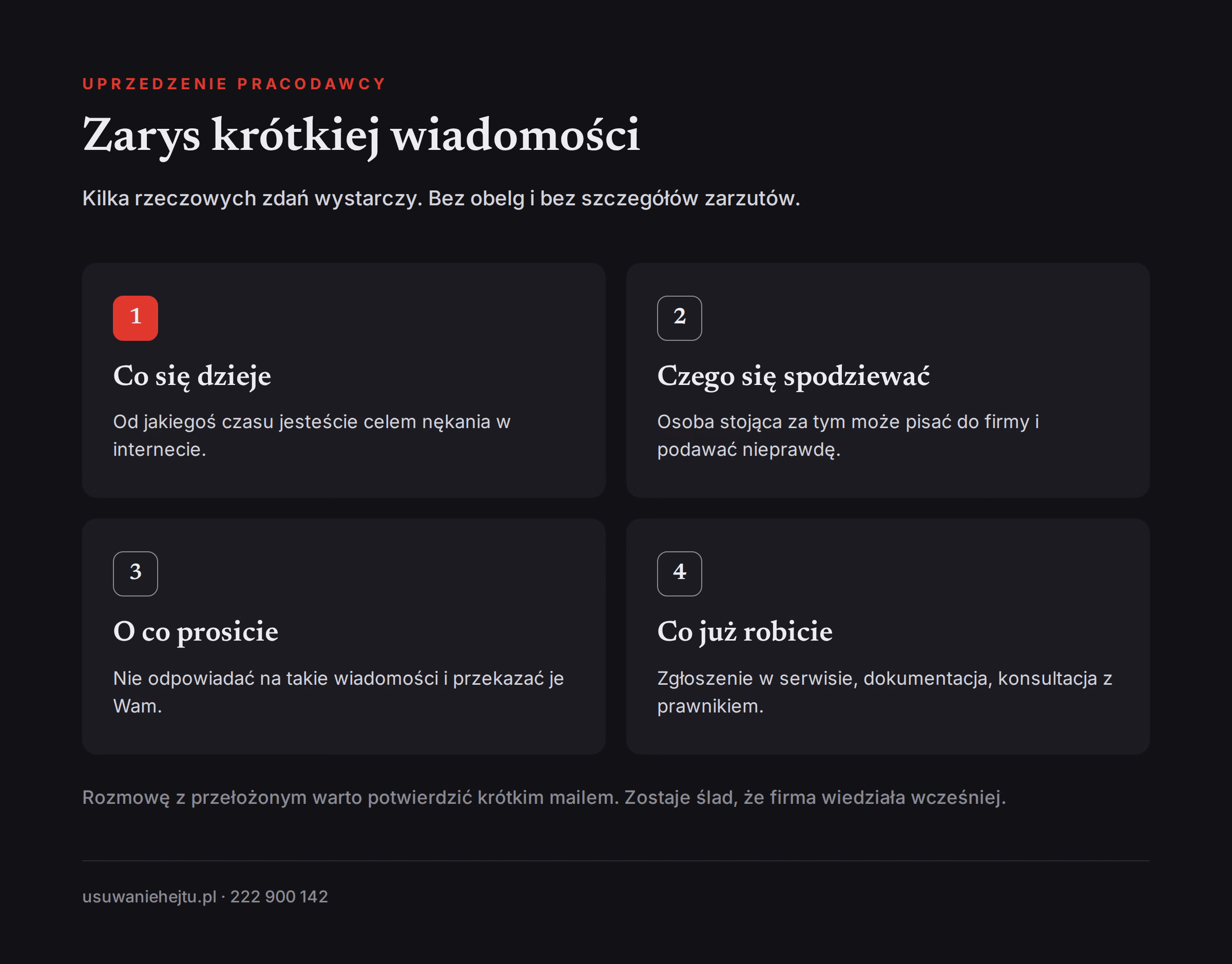 Jak uprzedzić pracodawcę o hejcie: zarys krótkiej wiadomości w czterech krokach