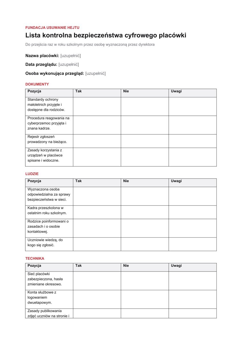Podgląd: Lista kontrolna bezpieczeństwa cyfrowego placówki