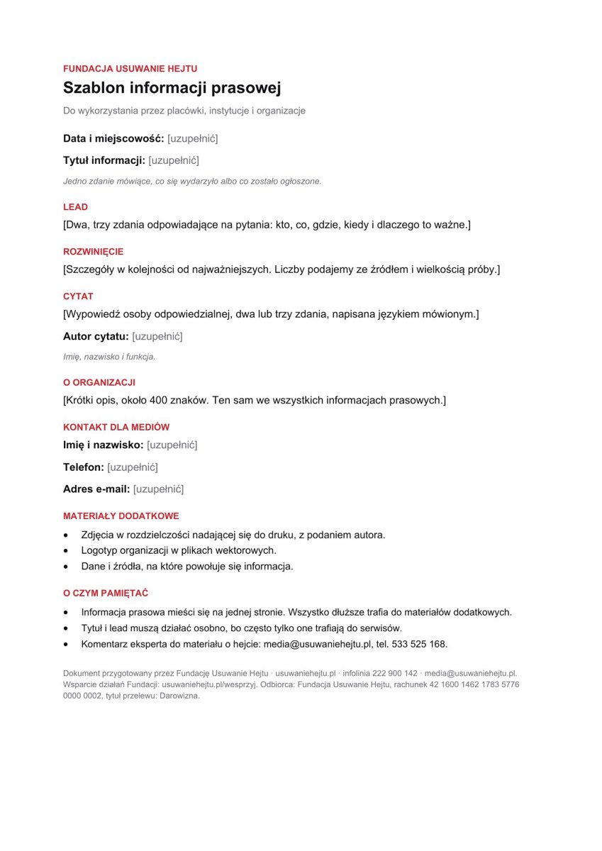 Podgląd: Szablon informacji prasowej