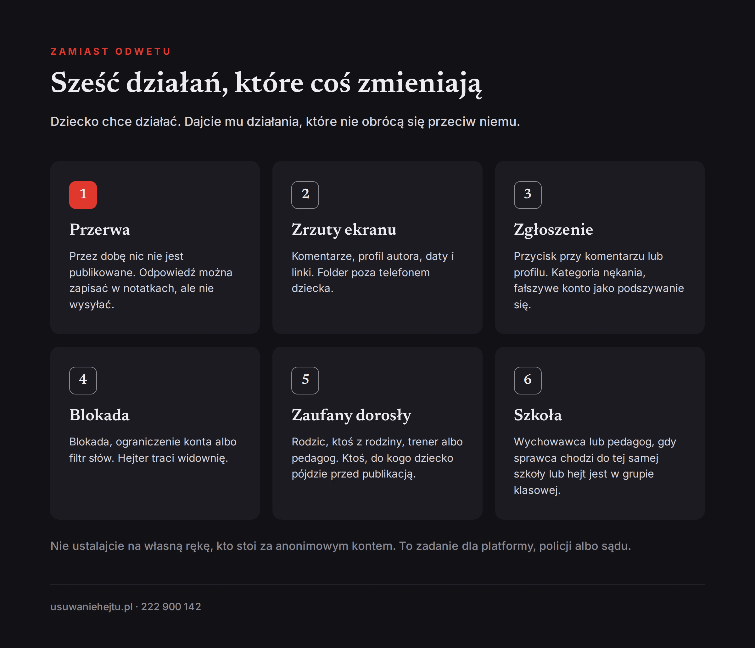 Sześć działań zamiast odwetu na hejterze: przerwa, zrzuty, zgłoszenie, blokada, zaufany dorosły i szkoła