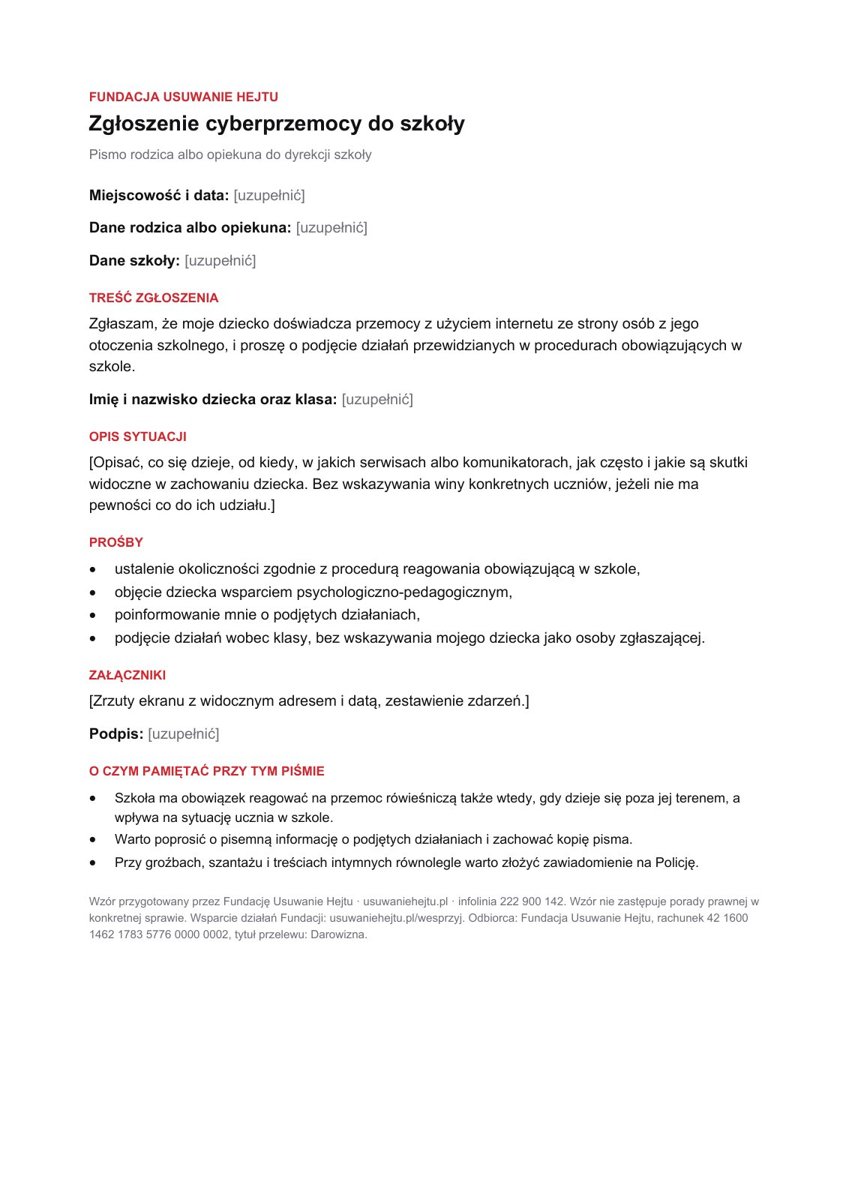 Podgląd: Zgłoszenie cyberprzemocy do szkoły