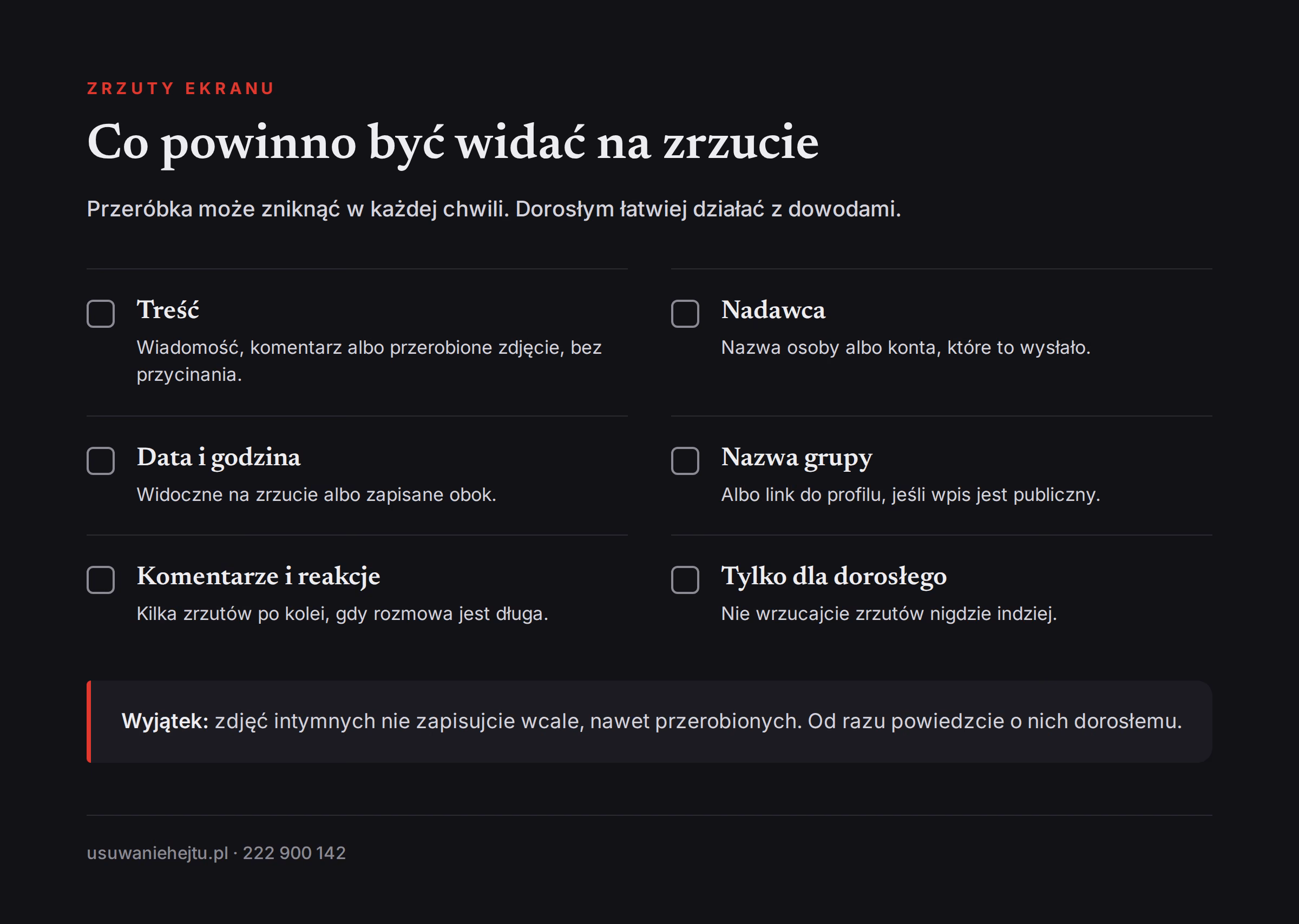 Co powinno być widać na zrzucie ekranu hejtu przekazywanym dorosłym