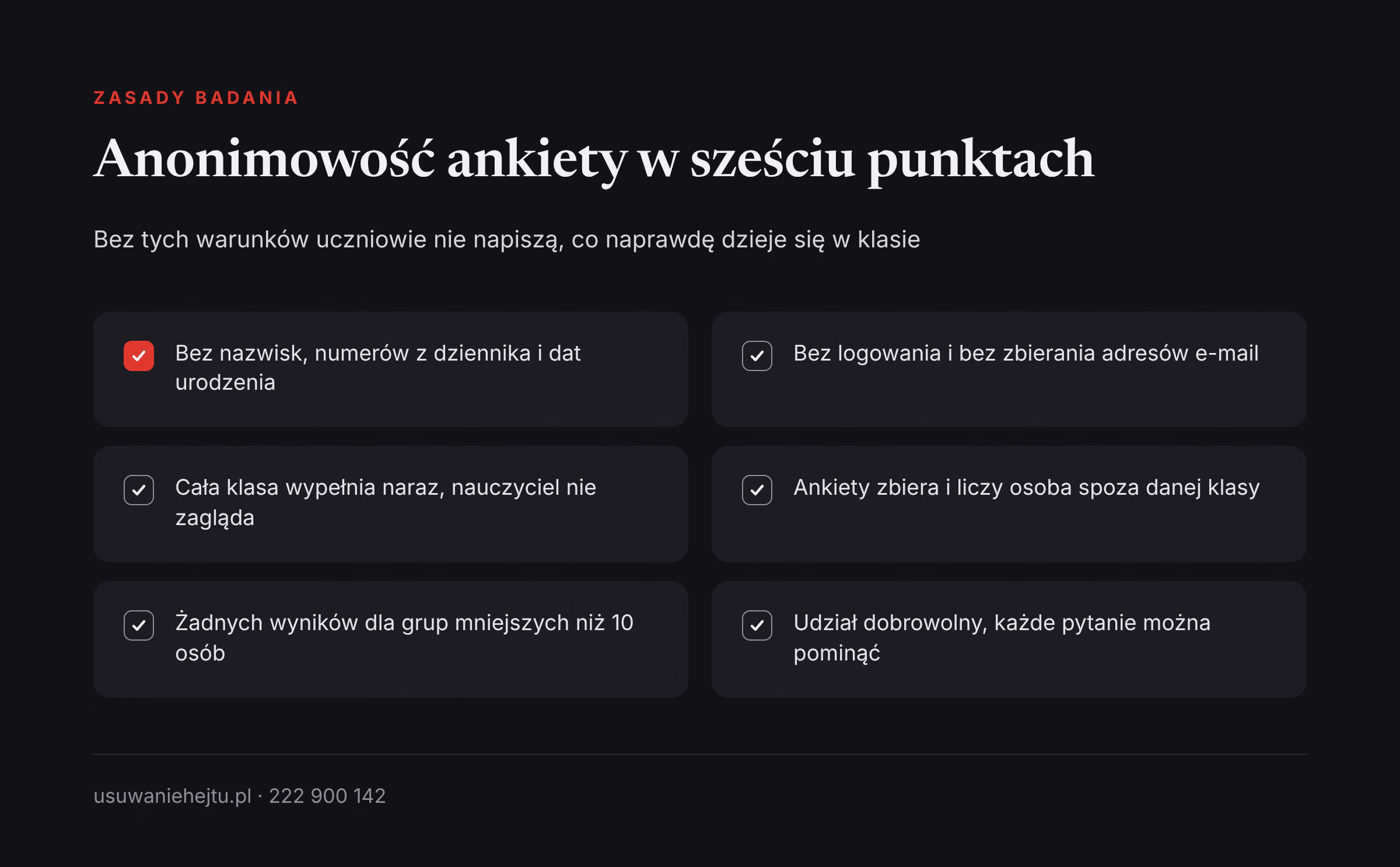 Zasady anonimowości, które musi spełnić ankieta o cyberprzemocy w szkole, zebrane w sześciu krótkich punktach
