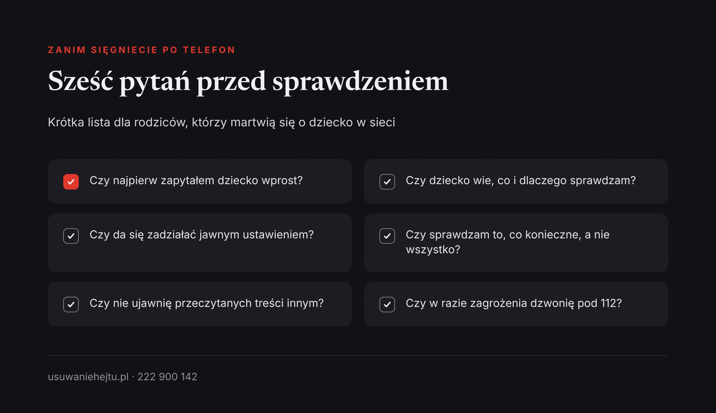 Lista pytań dla rodziców przed czytaniem wiadomości dziecka: rozmowa, jawność, proporcje i pomoc w razie zagrożenia