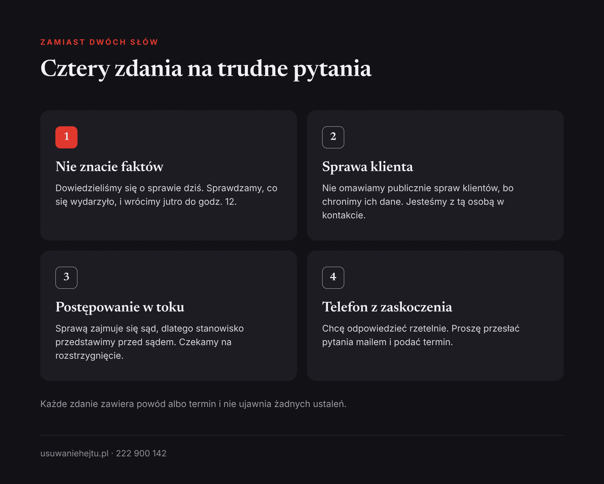 Zdania zamiast „bez komentarza” Bez komentarza w kryzysie można zastąpić czterema zdaniami: gdy brakuje faktów, przy sprawie klienta, sądzie i telefonie