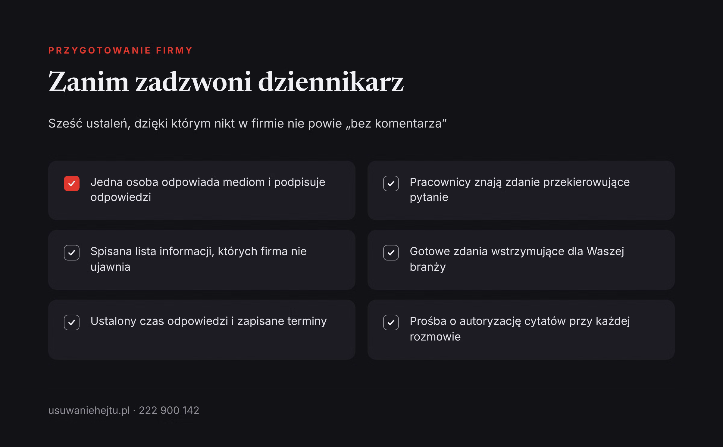 Jak przygotować firmę na pytania mediów Bez komentarza w kryzysie nie padnie, gdy firma ma osobę do kontaktu z mediami, gotowe zdania i ustalone terminy