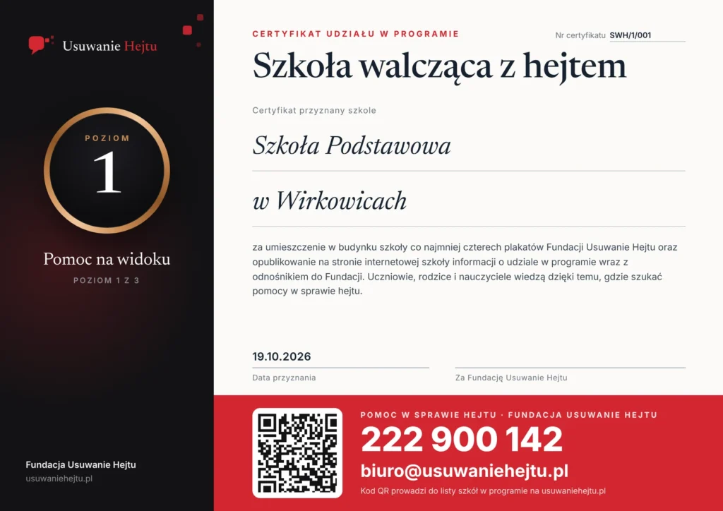 Certyfikat programu Szkoły walczące z hejtem - Szkoła Podstawowa w Wirkowicach