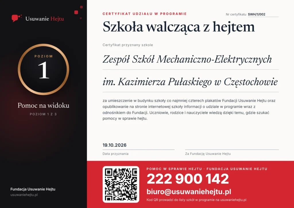 Certyfikat programu Szkoły walczące z hejtem - Zespół Szkół Mechaniczno-Elektrycznych im. Kazimierza Pułaskiego w Częstochowie