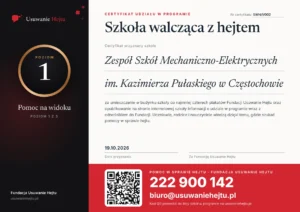 Certyfikat Szkoła walcząca z hejtem, poziom 1, nr SWH/1/002 - Zespół Szkół Mechaniczno-Elektrycznych im. Kazimierza Pułaskiego w Częstochowie