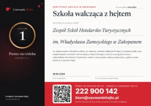 Certyfikat Szkoła walcząca z hejtem, poziom 1, nr SWH/1/003 - Zespół Szkół Hotelarsko-Turystycznych im. Władysława Zamoyskiego w Zakopanem