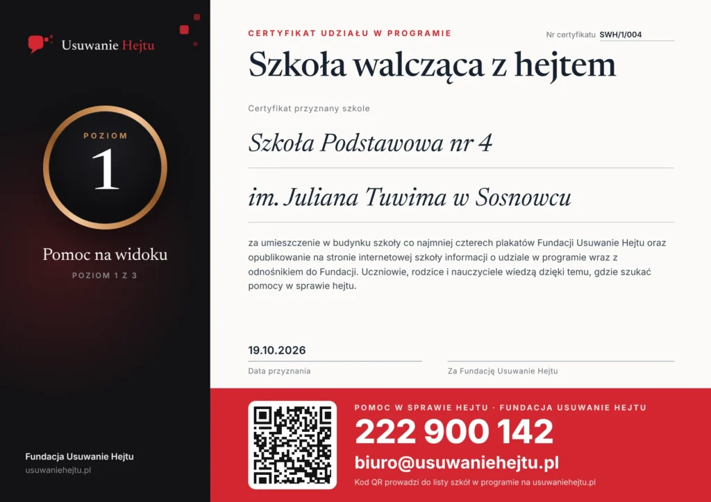 Certyfikat programu Szkoły walczące z hejtem - Szkoła Podstawowa nr 4 im. Juliana Tuwima w Sosnowcu
