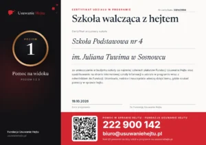 Certyfikat Szkoła walcząca z hejtem, poziom 1, nr SWH/1/004 - Szkoła Podstawowa nr 4 im. Juliana Tuwima w Sosnowcu