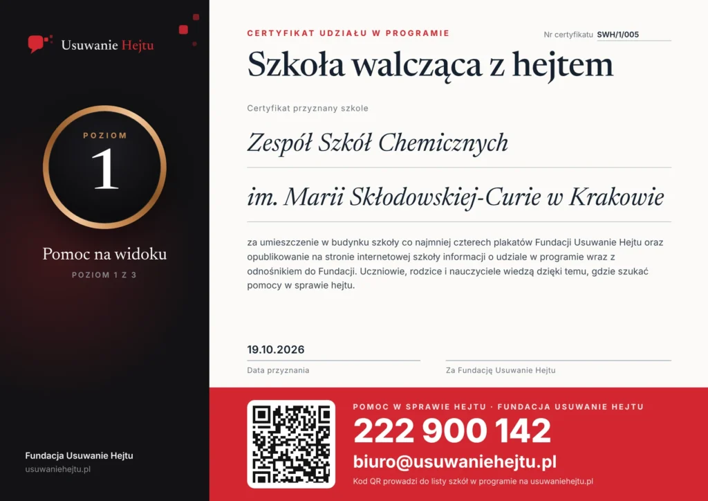 Certyfikat programu Szkoły walczące z hejtem - Zespół Szkół Chemicznych im. Marii Skłodowskiej-Curie w Krakowie