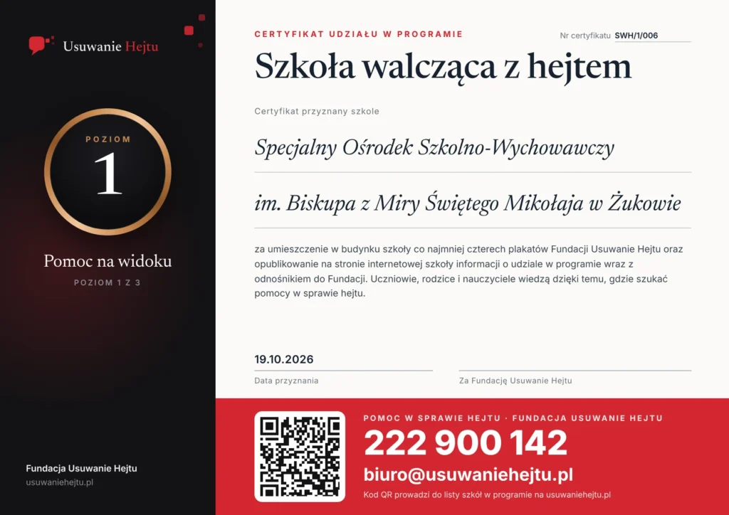 Certyfikat programu Szkoły walczące z hejtem - Specjalny Ośrodek Szkolno-Wychowawczy im. Biskupa z Miry Świętego Mikołaja w Żukowie