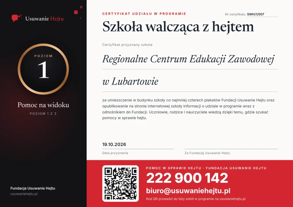 Certyfikat programu Szkoły walczące z hejtem - Regionalne Centrum Edukacji Zawodowej w Lubartowie