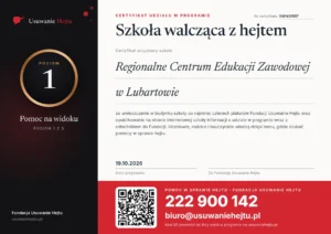 Certyfikat Szkoła walcząca z hejtem, poziom 1, nr SWH/1/007 - Regionalne Centrum Edukacji Zawodowej w Lubartowie