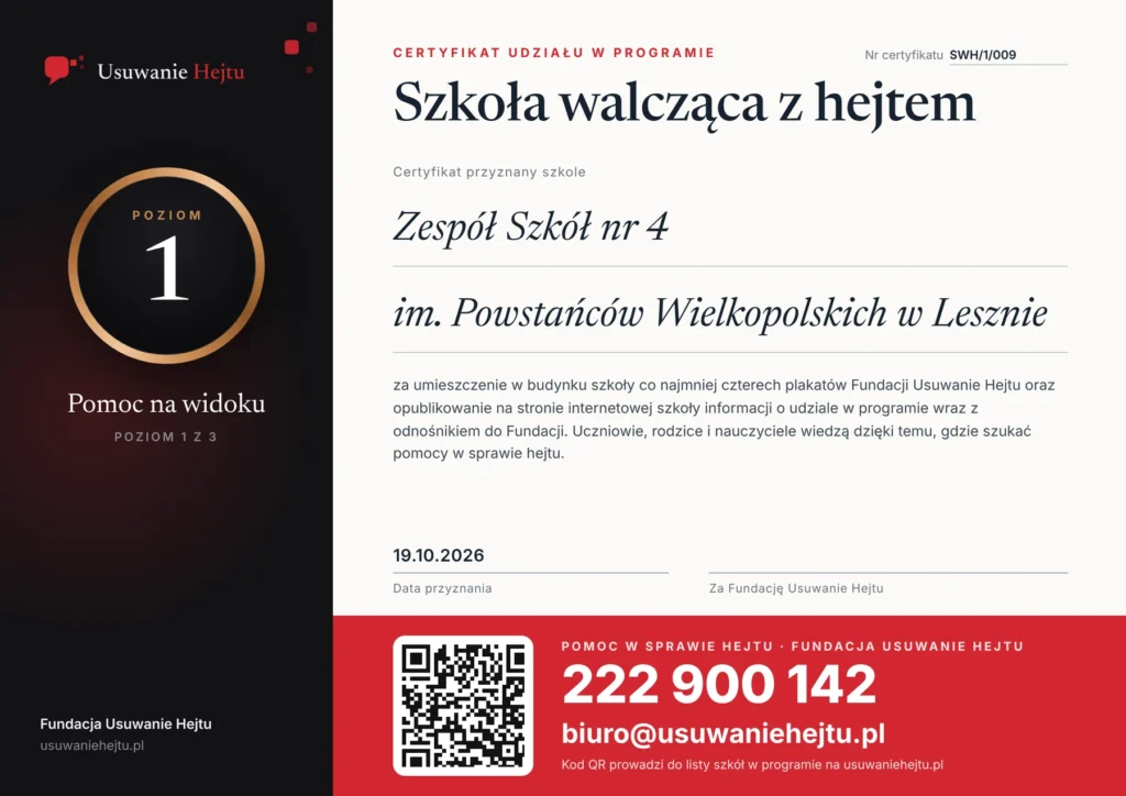 Certyfikat programu Szkoły walczące z hejtem - Zespół Szkół nr 4 im. Powstańców Wielkopolskich w Lesznie