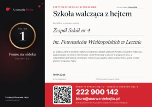 Certyfikat Szkoła walcząca z hejtem, poziom 1, nr SWH/1/009 - Zespół Szkół nr 4 im. Powstańców Wielkopolskich w Lesznie