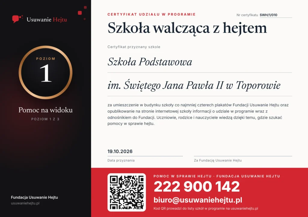 Certyfikat programu Szkoły walczące z hejtem - Szkoła Podstawowa im. Świętego Jana Pawła II w Toporowie