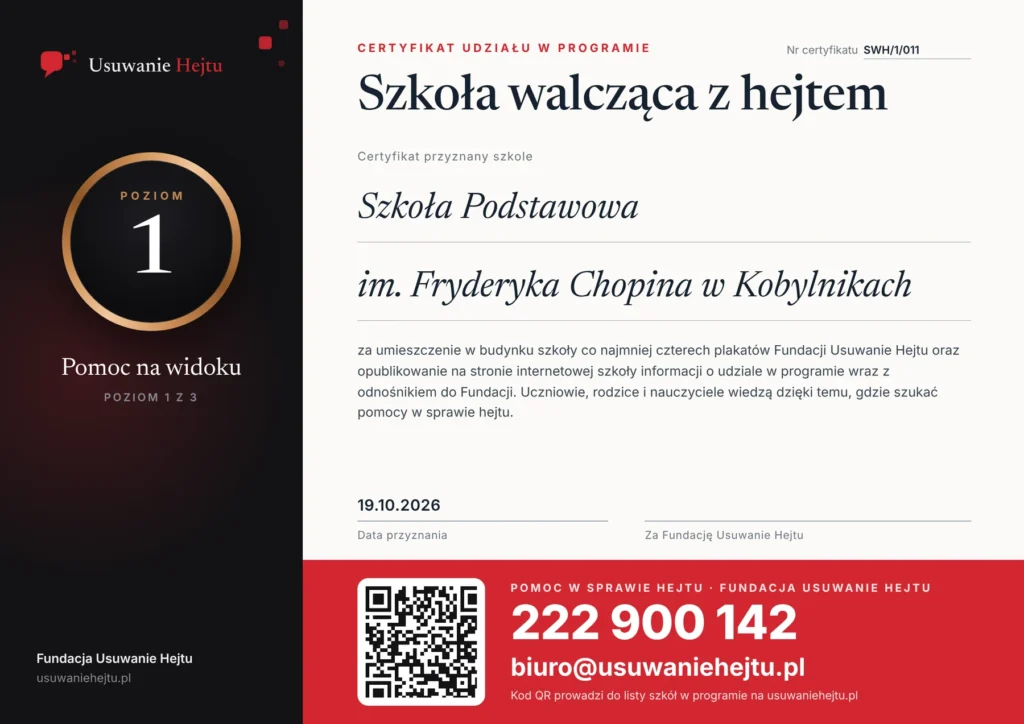 Certyfikat programu Szkoły walczące z hejtem - Szkoła Podstawowa im. Fryderyka Chopina w Kobylnikach