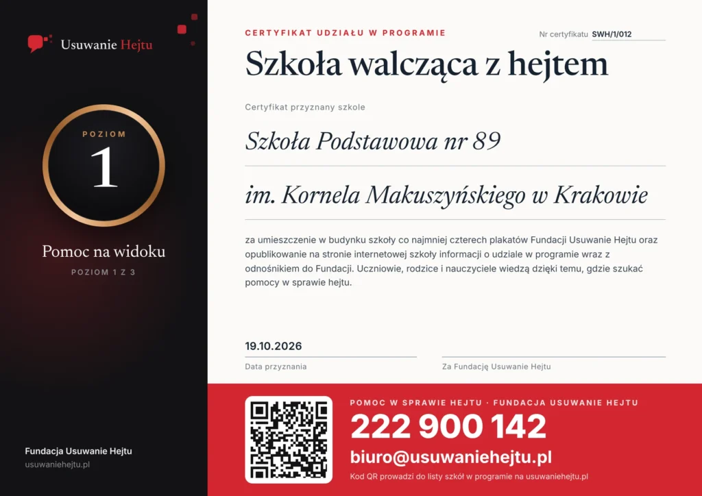 Certyfikat programu Szkoły walczące z hejtem - Szkoła Podstawowa nr 89 im. Kornela Makuszyńskiego w Krakowie