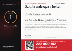 Certyfikat Szkoła walcząca z hejtem, poziom 1, nr SWH/1/012 - Szkoła Podstawowa nr 89 im. Kornela Makuszyńskiego w Krakowie
