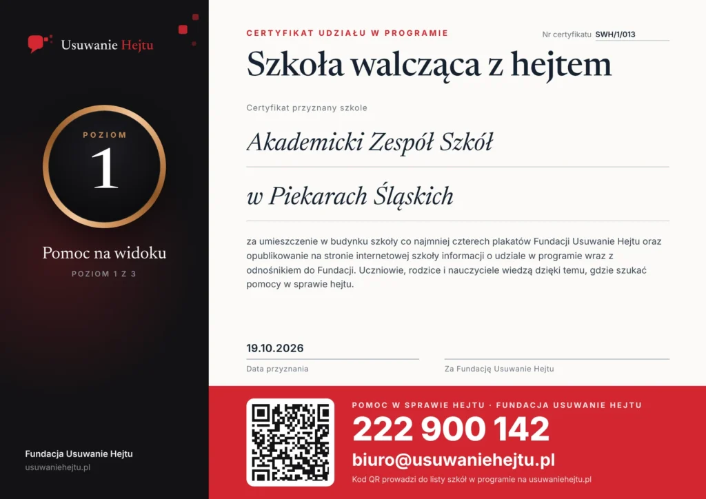 Certyfikat programu Szkoły walczące z hejtem - Akademicki Zespół Szkół w Piekarach Śląskich