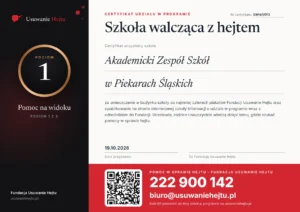 Certyfikat Szkoła walcząca z hejtem, poziom 1, nr SWH/1/013 - Akademicki Zespół Szkół w Piekarach Śląskich