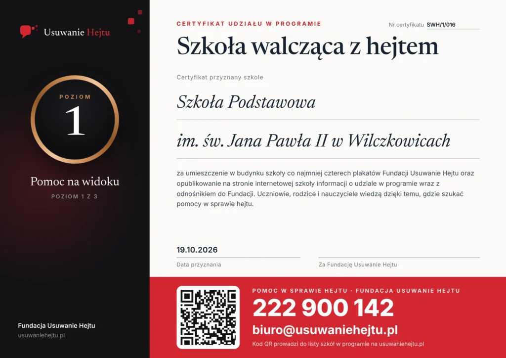 Certyfikat programu Szkoły walczące z hejtem - Szkoła Podstawowa im. św. Jana Pawła II w Wilczkowicach