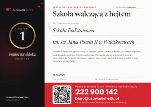 Certyfikat Szkoła walcząca z hejtem, poziom 1, nr SWH/1/016 - Szkoła Podstawowa im. św. Jana Pawła II w Wilczkowicach