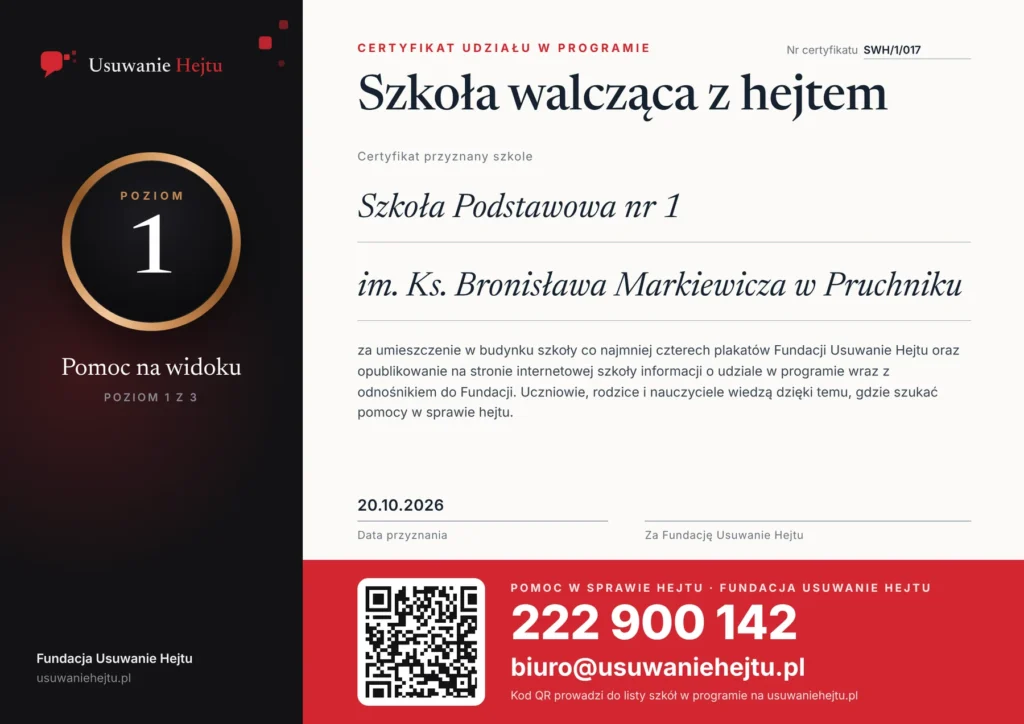 Certyfikat - Szkoła Podstawowa nr 1 im. Ks. Bronisława Markiewicza w Pruchniku