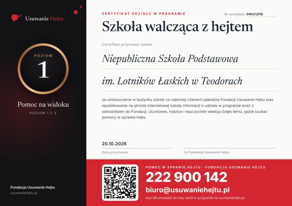 Certyfikat - Niepubliczna Szkoła Podstawowa im. Lotników Łaskich w Teodorach