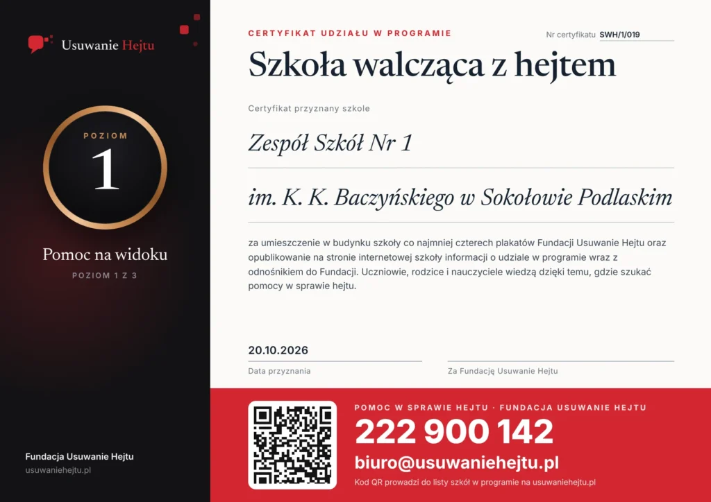 Certyfikat - Zespół Szkół Nr 1 im. K. K. Baczyńskiego w Sokołowie Podlaskim