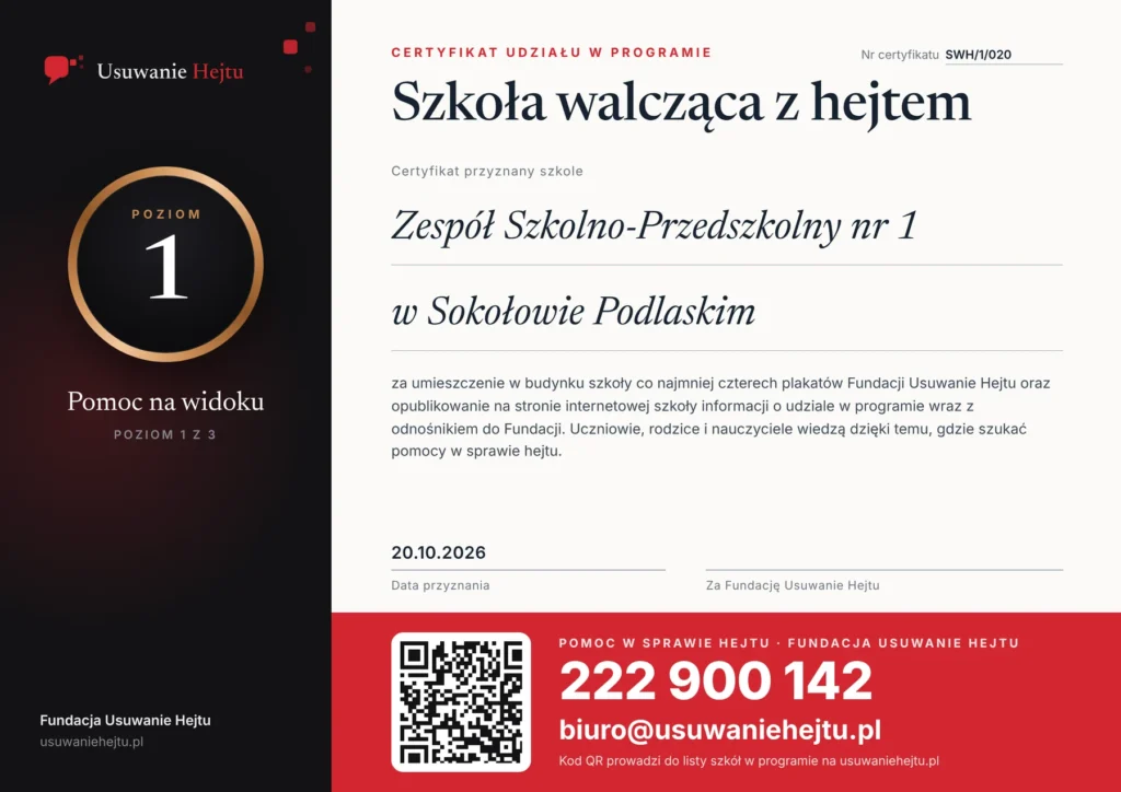 Certyfikat - Zespół Szkolno-Przedszkolny nr 1 w Sokołowie Podlaskim
