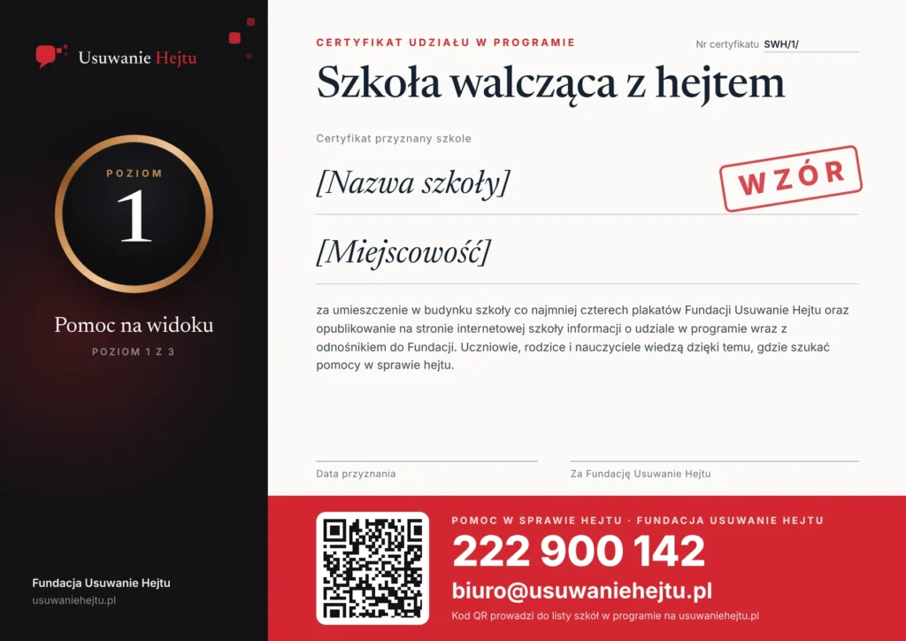 Wzór certyfikatu programu Szkoły walczące z hejtem, poziom 1: Pomoc na widoku