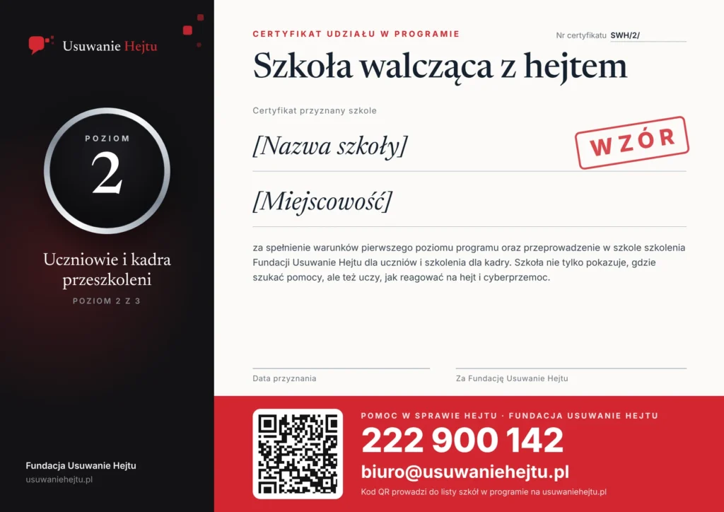 Wzór certyfikatu programu Szkoły walczące z hejtem, poziom 2: Uczniowie i kadra przeszkoleni