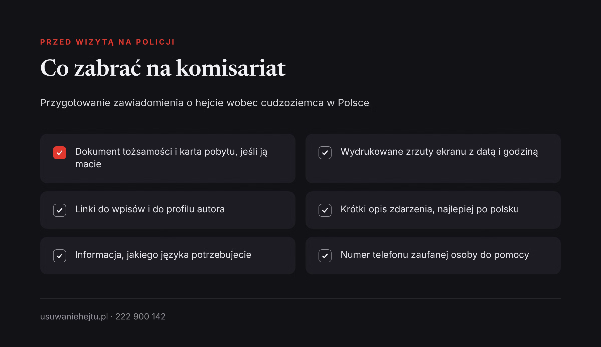 Lista rzeczy do zabrania na policję, gdy cudzoziemiec w Polsce zgłasza hejt za akcent lub narodowość