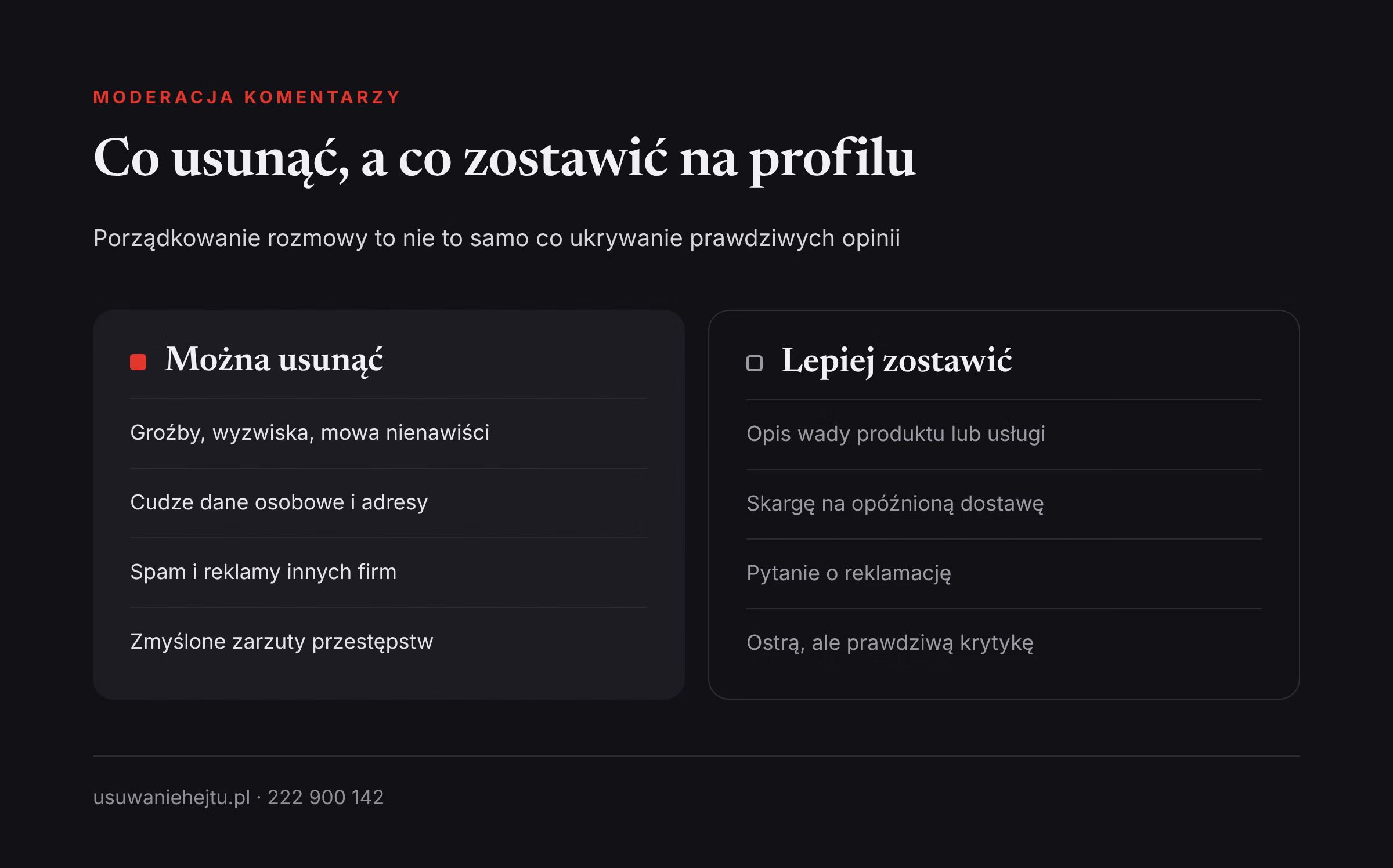 Co usunąć z profilu firmy, a co zostawić Usuwanie komentarzy na profilu firmy: zestawienie treści, które można usunąć, i krytyki, którą lepiej zostawić