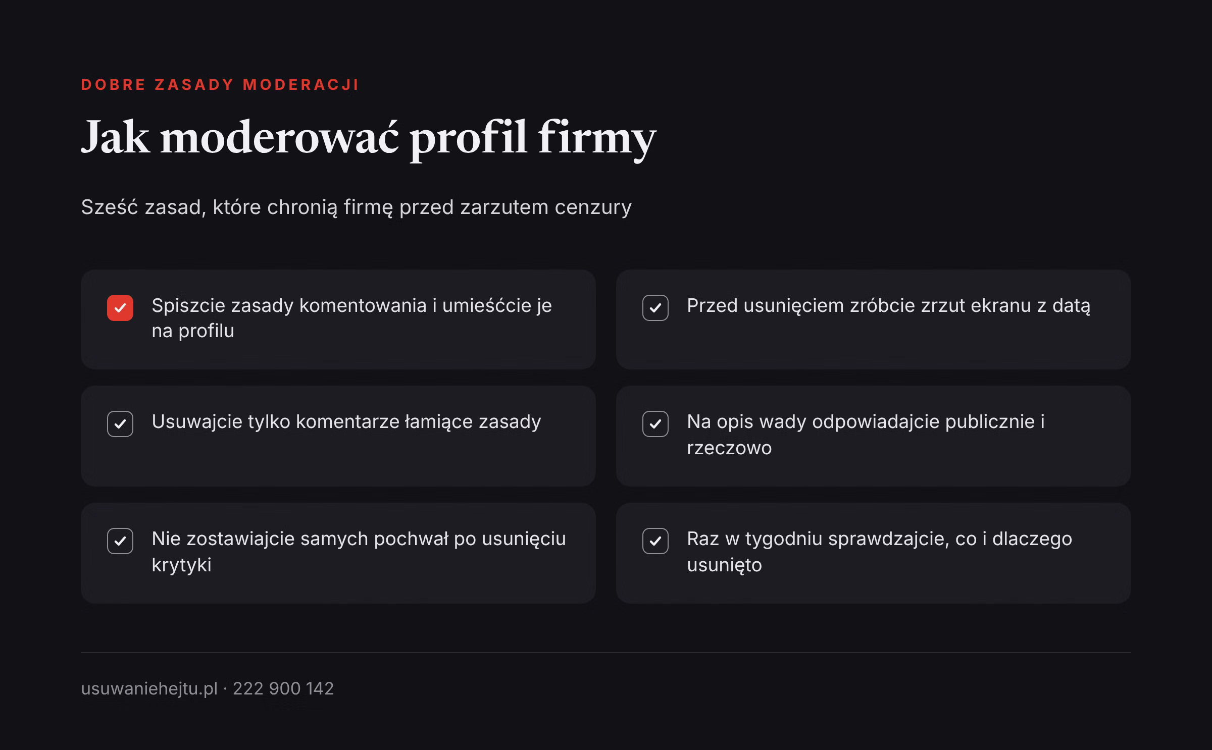 Zasady moderacji komentarzy na profilu firmy Zasady moderacji komentarzy na profilu firmy: zrzut ekranu, jasne zasady i publiczne odpowiedzi na krytykę