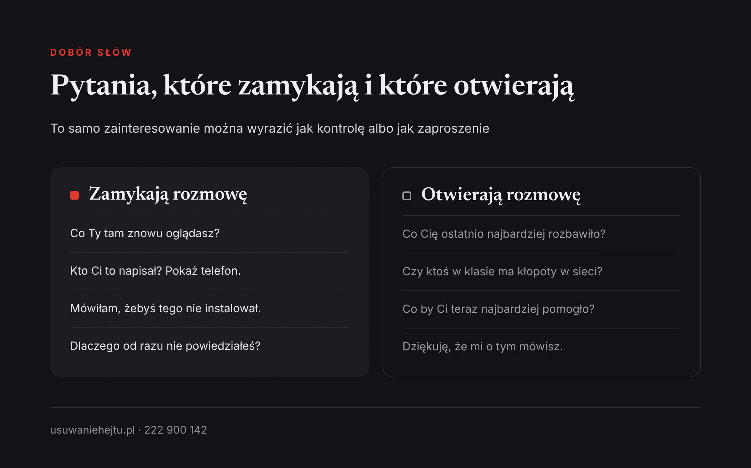 Pytania, które zamykają i które otwierają rozmowę Jak rozmawiać z dzieckiem o internecie: zestawienie pytań, które zamykają rozmowę, i pytań, które ją otwierają