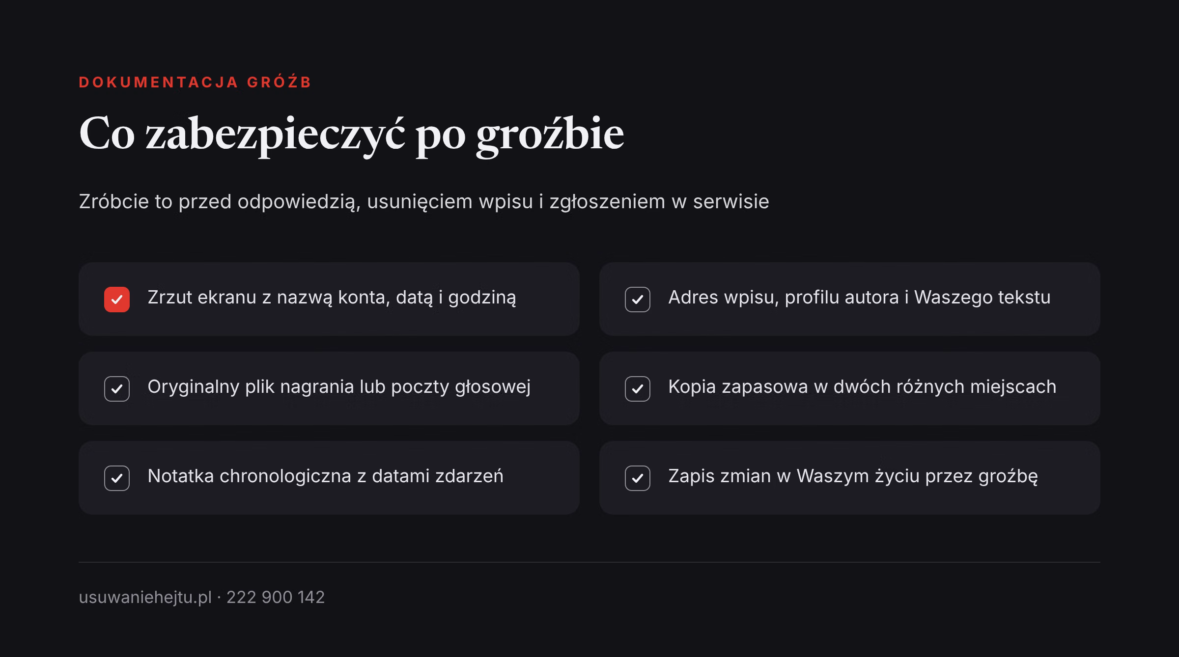 Co zabezpieczyć po groźbie wobec dziennikarza Dokumentowanie gróźb wobec dziennikarza: sześć rzeczy do zabezpieczenia przed zgłoszeniem na policję i w serwisie