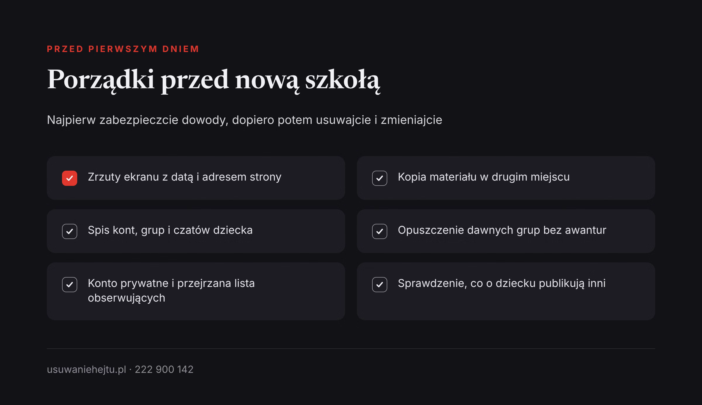 Lista porządków przed nową szkołą Hejt idzie za dzieckiem do nowej szkoły: lista porządków w kontach i grupach, które warto zrobić przed startem