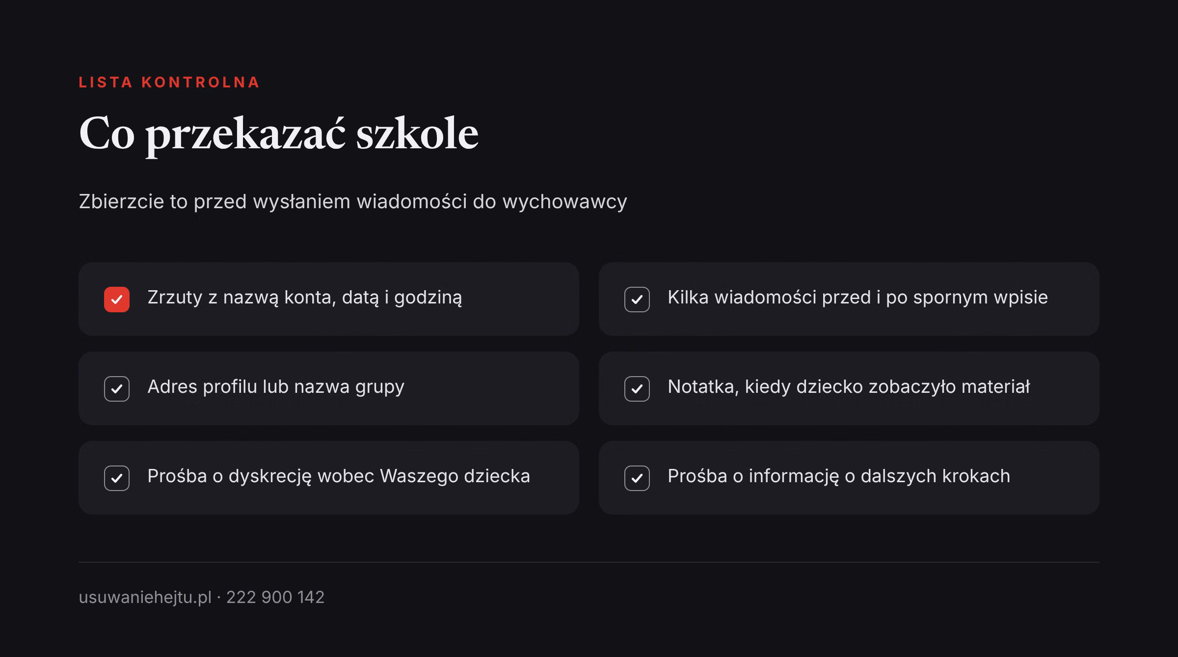 Co przekazać szkole przy hejcie na kolegę Lista kontrolna dla rodzica świadka: co zebrać i przekazać szkole, gdy dziecko pokazało zrzuty ekranu z hejtem na kolegę