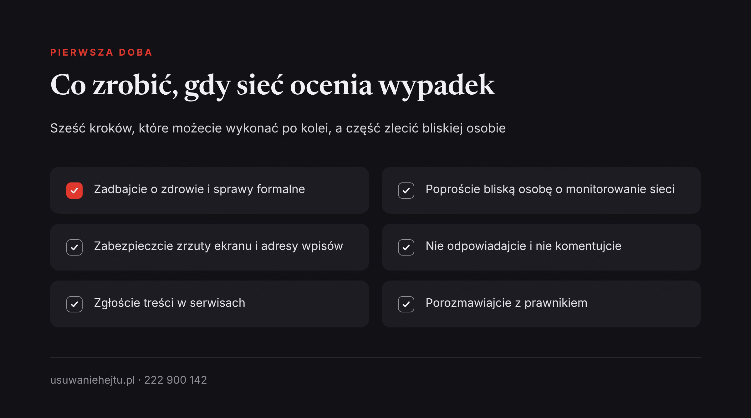 Hejt po wypadku drogowym: lista sześciu kroków na pierwszą dobę, od zdrowia po rozmowę z prawnikiem