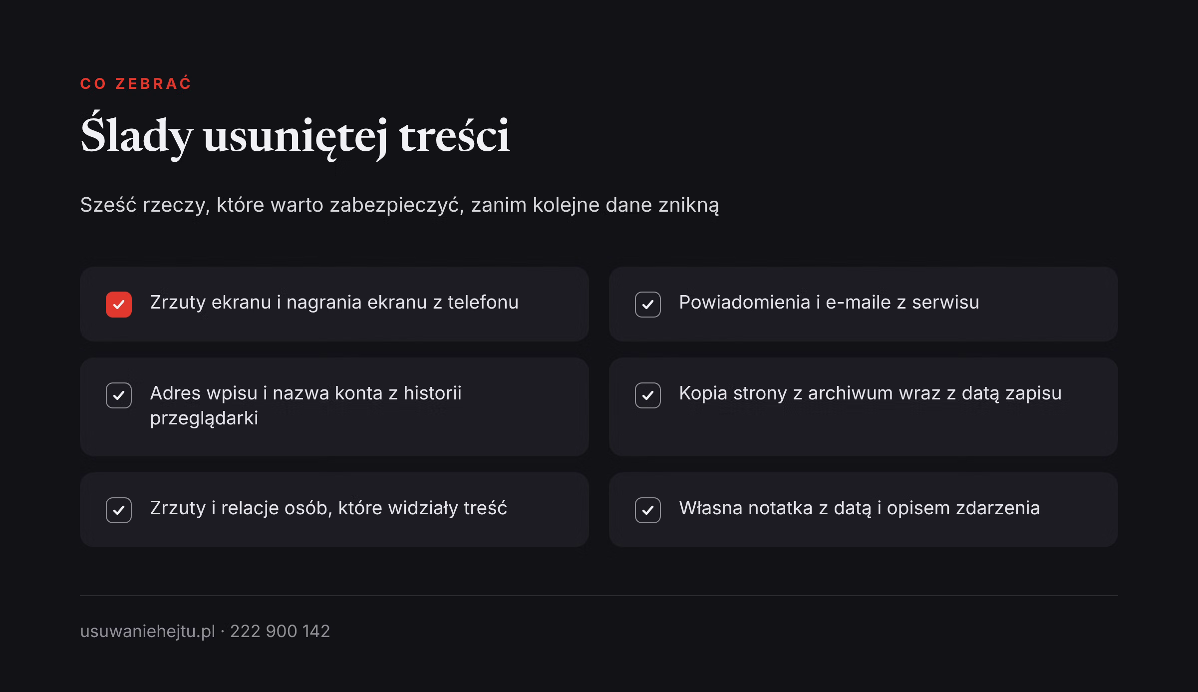 Lista śladów usuniętej treści Usunięty komentarz jako dowód: lista śladów do zabezpieczenia, od zrzutów po relacje świadków i notatkę
