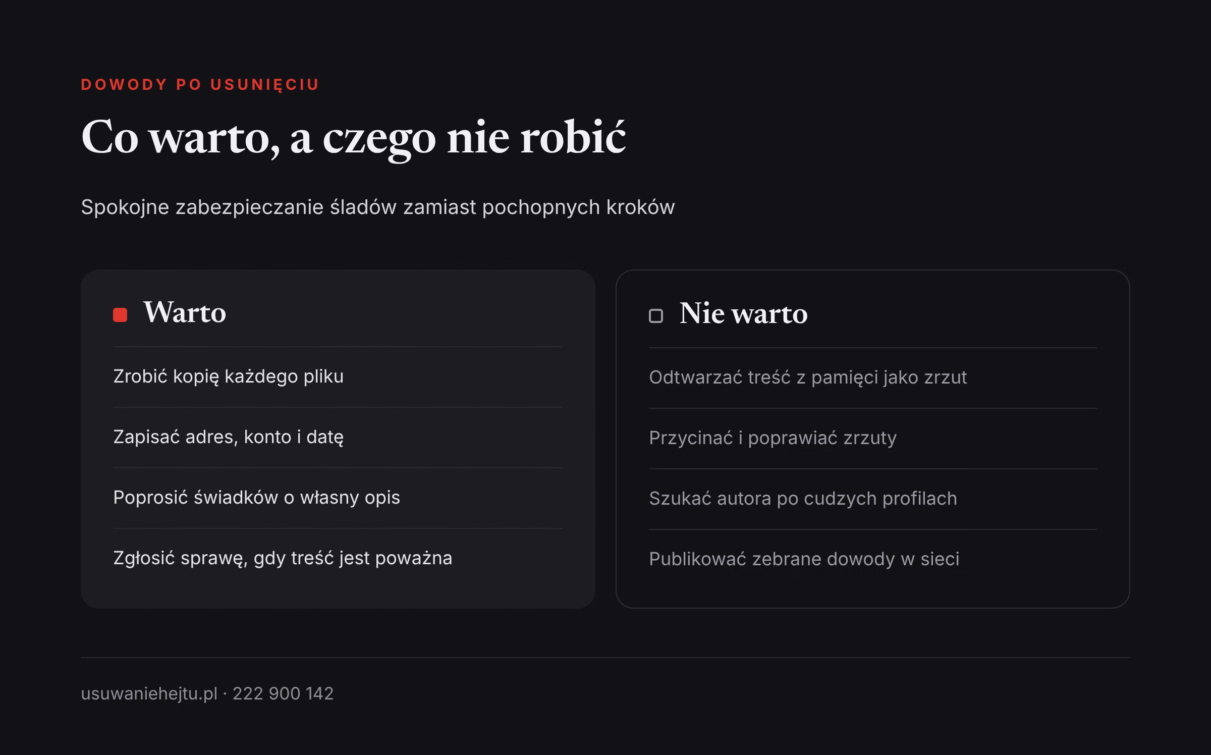Czego unikać przy dowodach z usuniętej treści Hejter usunął wpis: porównanie, co warto robić, a czego unikać przy zabezpieczaniu dowodów usuniętej treści