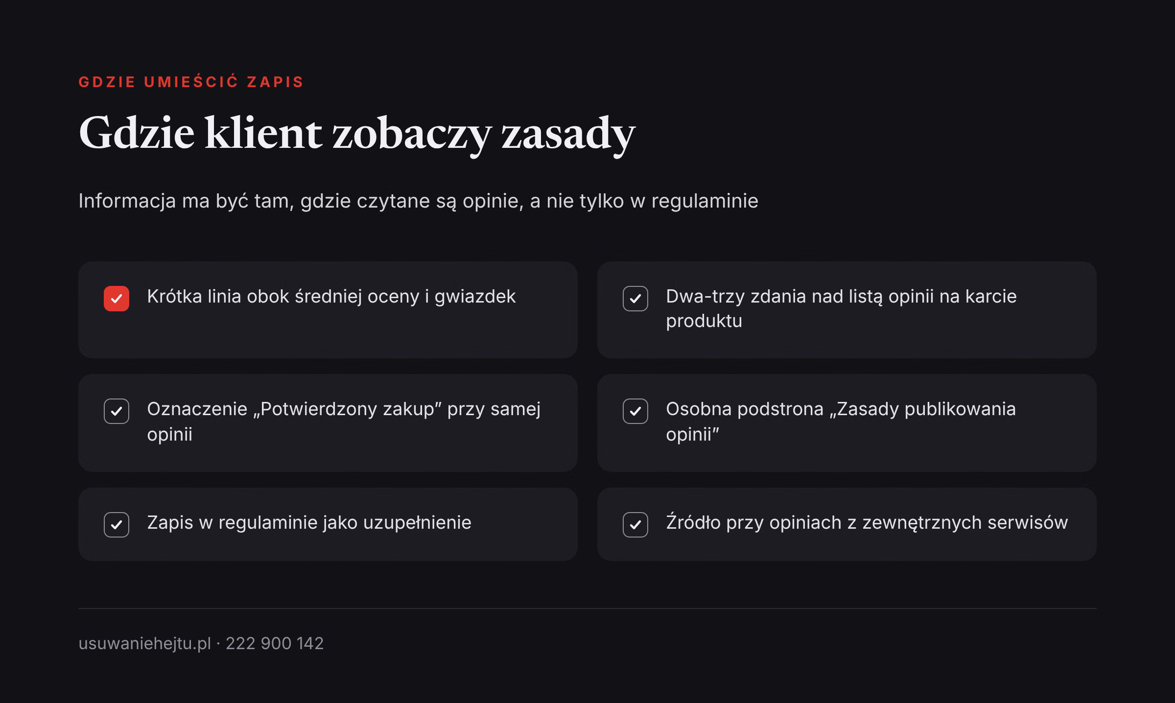 Gdzie umieścić informację o weryfikacji opinii Lista miejsc, w których warto umieścić informację o weryfikacji opinii, by była widoczna dla klientów sklepu